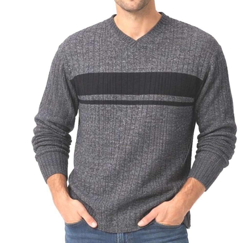 Eddie Bauer Mens V-Neck Sweater Gray Marled Ribbed Linen Cotton Blend Large